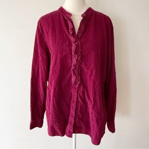 Lands End Women Cotton Corduroy Ruffle Long Sleeve Top XL Pink Preppy Classic